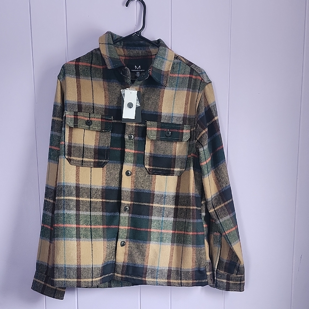 Magaschoni Tan and Green Plaid Shirt Jacket